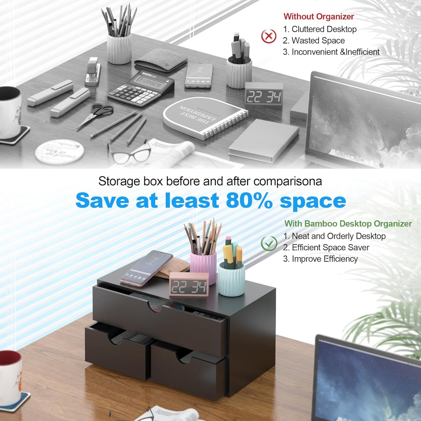 Bamboo Desk Organizer with Drawers Desktop Storage Drawers for Bills Office Supplies Kitchen Utensils Organizing Tool for Home Classroom Organization No Assembly (Black)