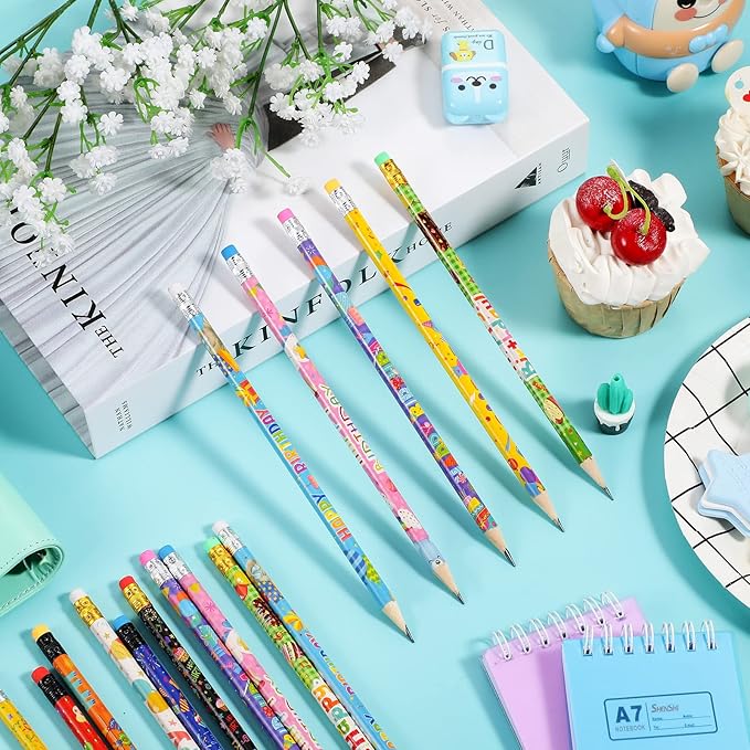 Funrous 500 Pcs Happy Birthday Pencils for Students Bulk Colorful Pencils with Top Erasers for Teachers Classrooms Reward Kids Birthday Party Supplies Gifts, 10 Assorted Style