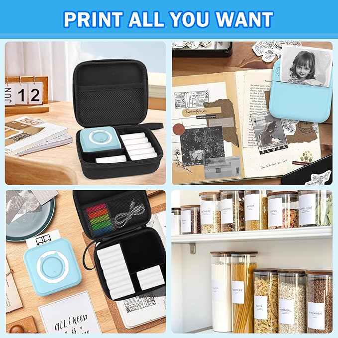 Blue Mini Pocket Printer with Black Case, Thermal Printers with 10 Rolls Thermal Paper, Portable Photo Printer for Travelling, Journal, Memo, Photo, Study Notes, Shopping Lists