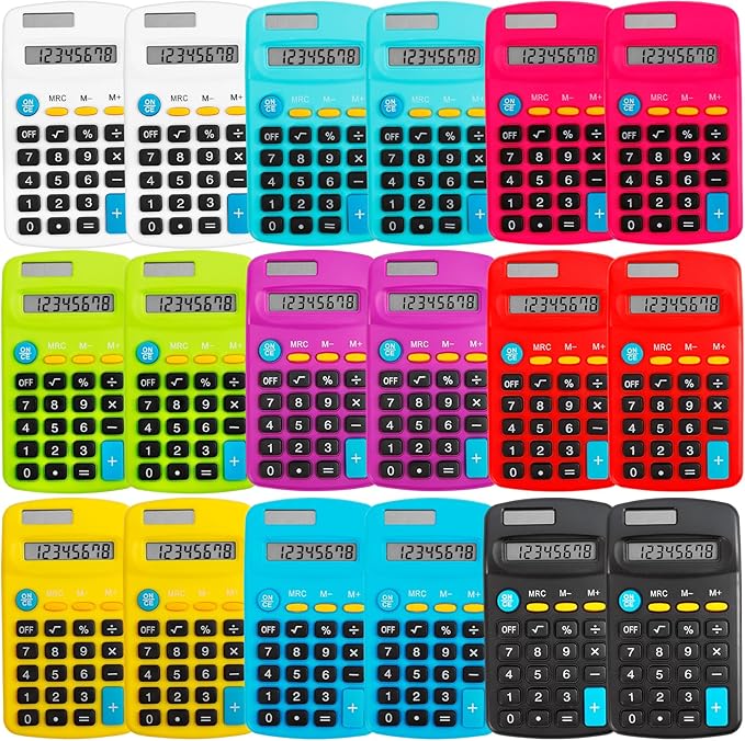 18 Pack Pocket Size Mini Calculator, Solar Battery Dual Power, 8 Digit Display Basic Calculator, Multicolor