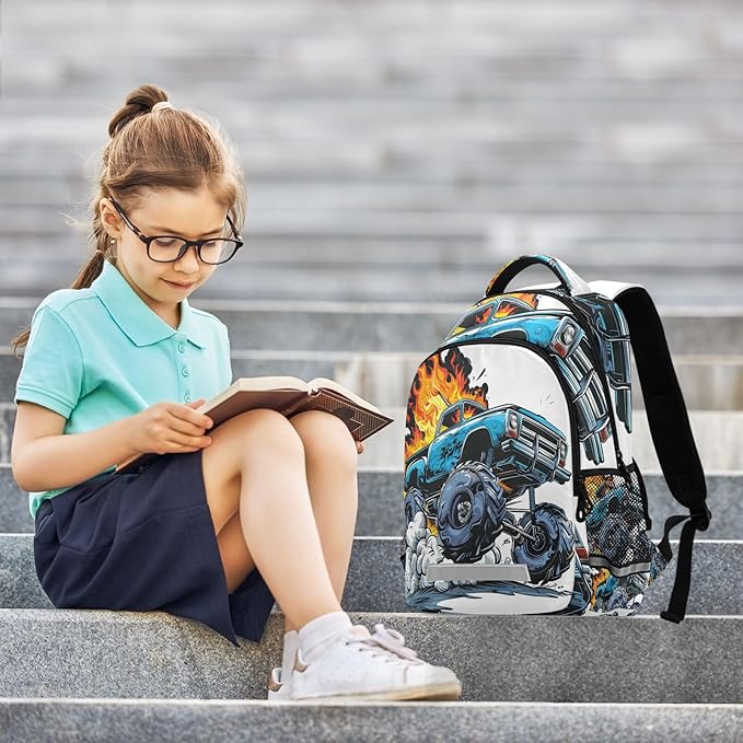 Monster Truck Blue Backpack for Boys Girls Elementary School Bag Kids Bookbag Travel Rucksack