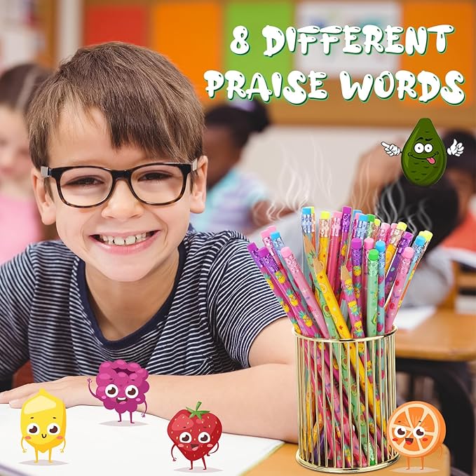 Leinuosen 72 Pcs Scented Pencils for Kids Cute Motivational Colorful Fun Wood HB Pencils Bulk with Erasers Fruit Elements for School Office Classroom Student