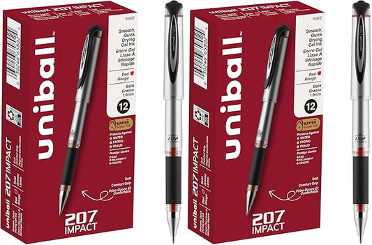 Uni-Ball Signo 207 Impact Gel Pen, 12 Red Pens, 1.0mm Bold Point, Smooth Writing (Pack of 2)