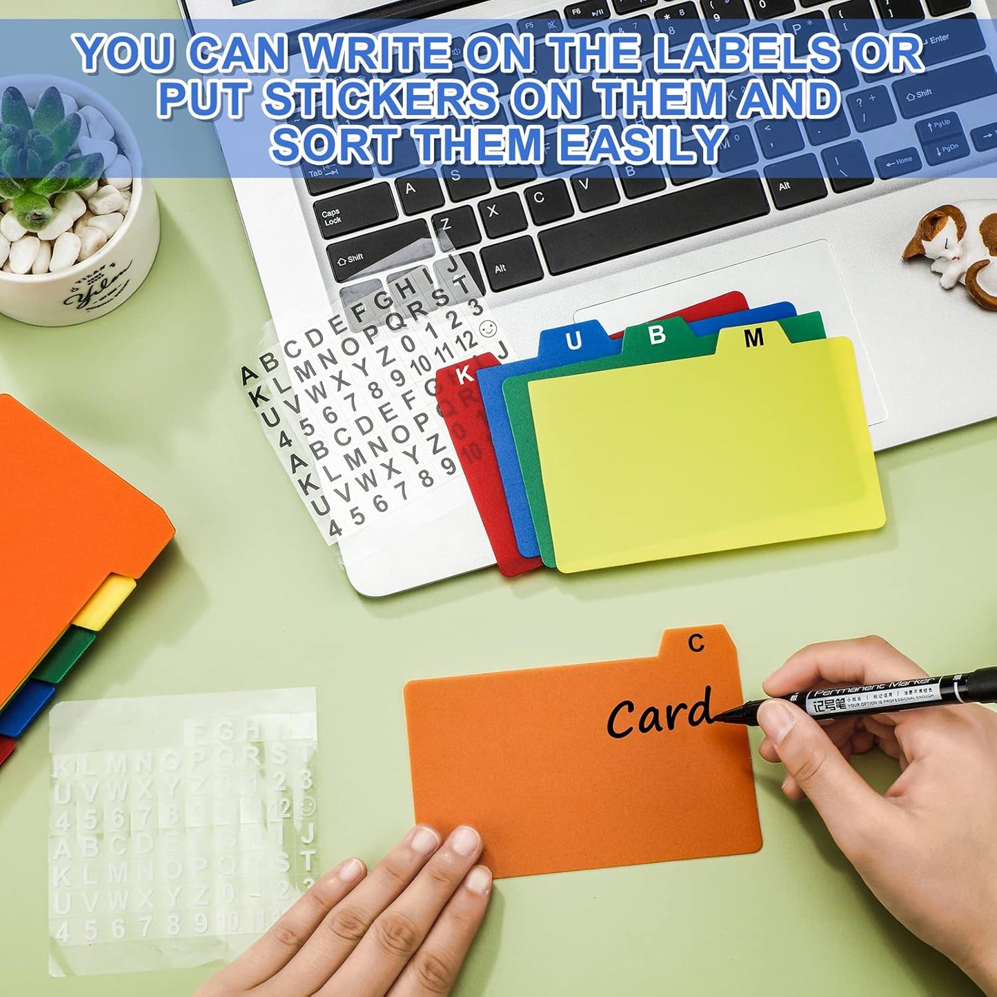 Henoyso 3 x 5 Inches Index Card Holder Set, Bamboo Recipe Box Organizer Index Cards Organizer, 50 Pcs Dividers 2 Sheets Alphabet Number Stickers File Note Holders for Office Business Home Kitchen