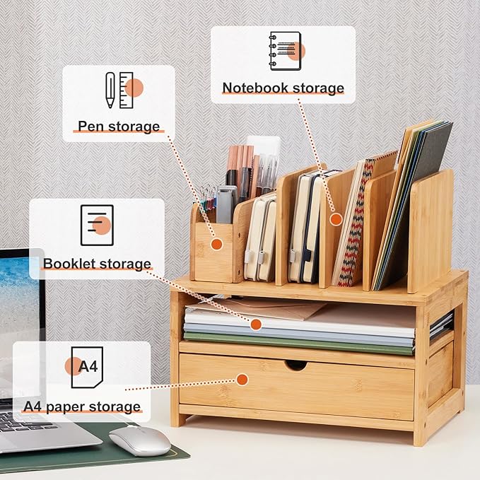 Homde Bamboo Desk Organizer with Drawer and File Holder, Office Organization for Desks with Adjustable Pen Holding, Desktop Letter Paper Tray Storage for Workplace Home School (Natural, M)