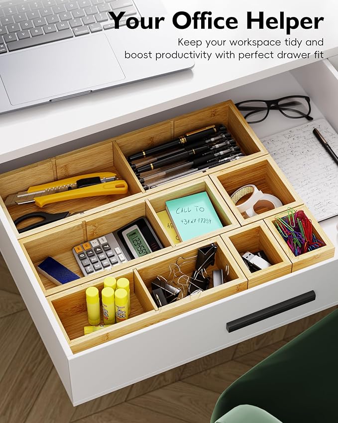Desk Drawer Organizer Tray Set of 6 – Bamboo Office Storage Boxes with 12 Compartments for Office Supplies, Cosmetics, Jewelry and More