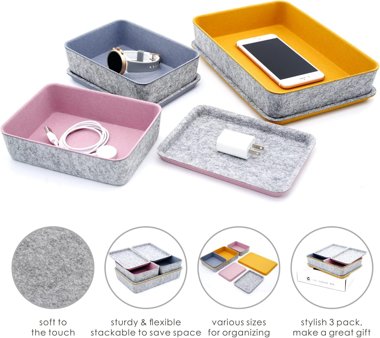 Welaxy Lidded Felt Drawer Organizer Bin with lids Desktop Stackable Organizer Storage box for crafts office supplies pen notes Junk Makeup Stationery Organize 3-Pack (Curry+Dusty rose +Glacier gray)