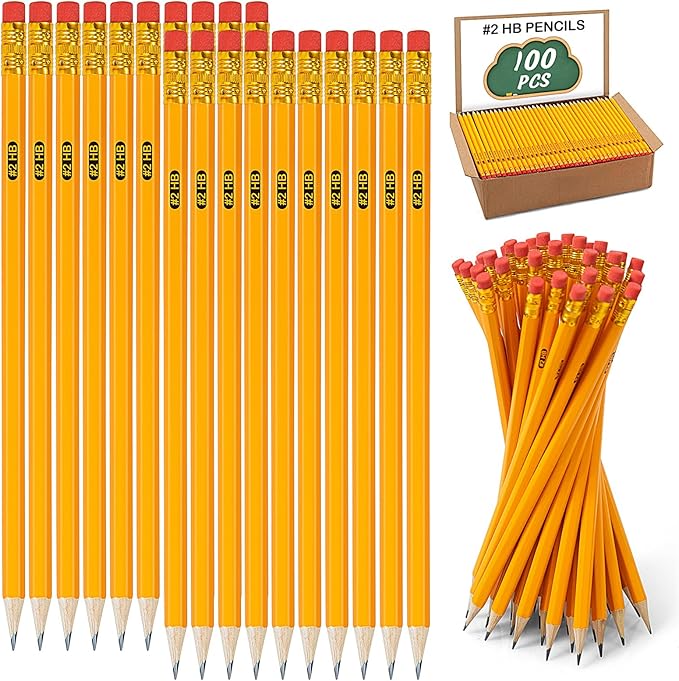 IKAYAS 100 Pack #2 HB Pencils Bulk Yellow Sharpened Pencils with Erasers for Kids, #2 Pre-sharpened pencils number 2 pencils for classroom office Supplies, Writing, Drawing and Sketching (Wood-Cased)