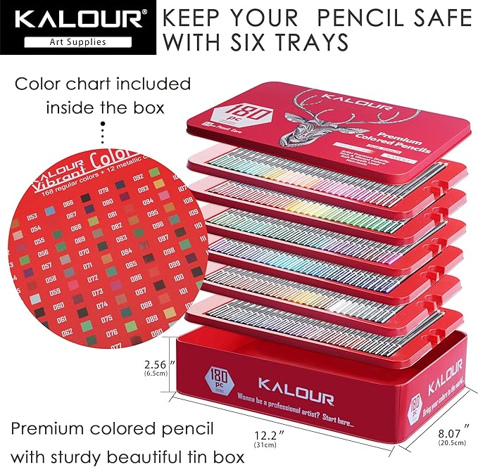 KALOUR 180 Colored Pencil for Artists - Rich Pigment Soft Core - Oil-Based - Ideal for Coloring Drawing Sketching Shading Blending - Vibrant Color（Tin Case）