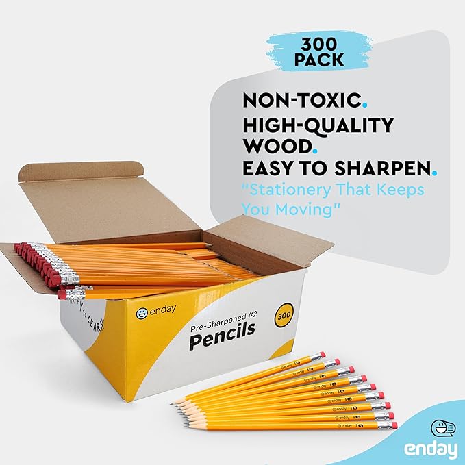 Enday #2 Pencils Bulk - 300 Pack - Pre-sharpened pencils #2 Wood-Cased Yellow Sharpened Pencils for Kids with Latex-Free Eraser Top for Office and Classroom Supplies.