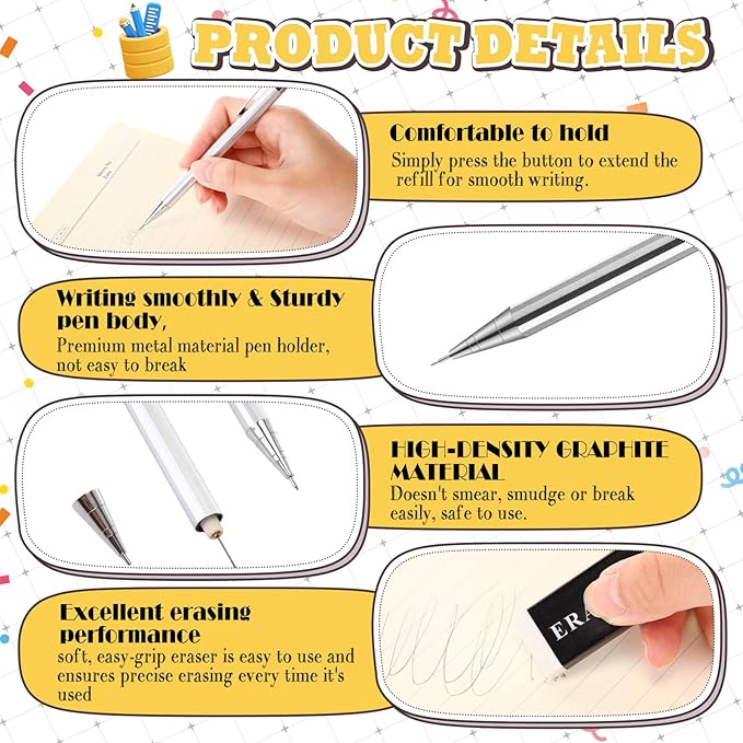 72 Pcs Operation Christmas Items 0.5mm Mechanical Pencils Bulk Set Include Metal Mechanical Pencil HB Lead Refills Erasers for Art Office Classroom Student Writing Drawing(Silver)