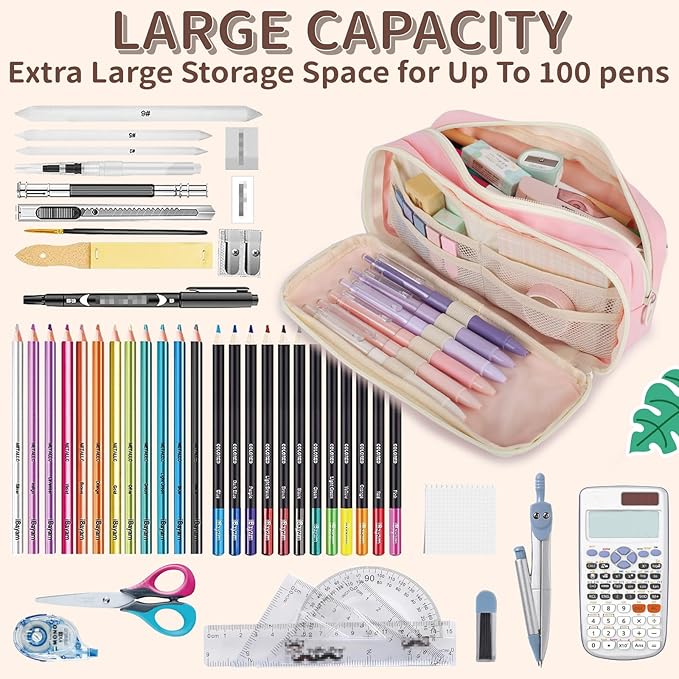 Large Capacity Pencil Case with Compartments, School Pencil Bags with Zipper, Big Storage Pen Bag for Teen Girl Boy Men Women, Adult Stationery Pen Bag for School College and Office