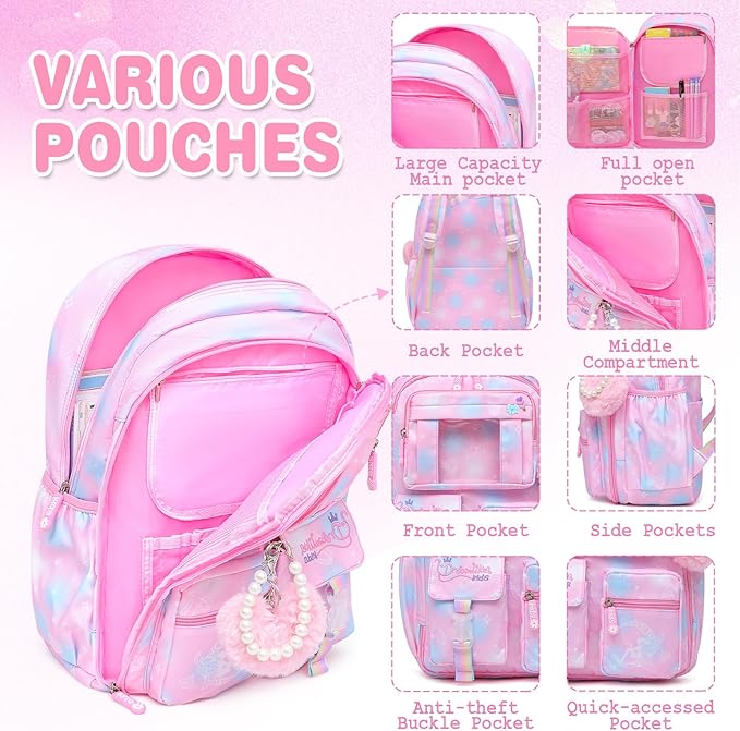 Sweet Girls Backpack - Stylish Splash-resistant School Bag with Multiple Pockets & Trendy Laptop Compartment（17inch Set Pink）