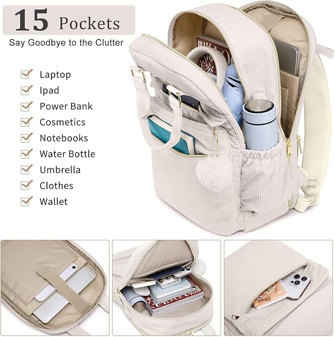 School Backpack for Girls Laptop Bookbag: Casual Corduroy Women Backpacks with USB Charging Port TSA Friendly Travel Back Pack with Anti-Theft Pockets Cute College Daypack for Teen Students Lady Beige