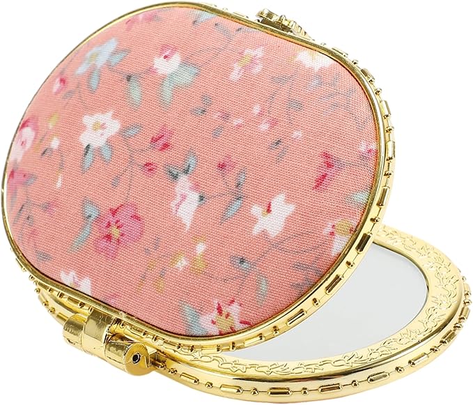 VOCOSTE Compact Pink Flower Pocket Mirror - Oval Mini Folding Mirror for Purse, Travel or Home