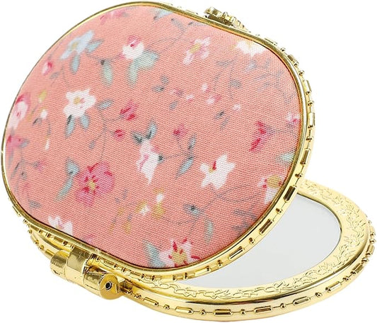VOCOSTE Compact Pink Flower Pocket Mirror - Oval Mini Folding Mirror for Purse, Travel or Home