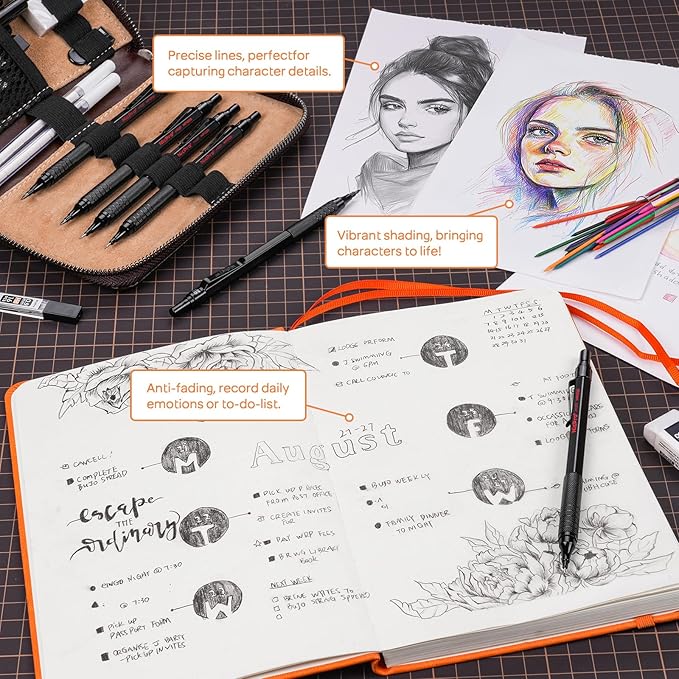 Nicpro 20PCS Black Metal Mechanical Pencil Set in Leather Case, Drafting Pencil 0.3, 0.5, 0.7, 0.9 mm & 2mm Lead Holders, 9 Tube (4B 2B HB 2H Colors) Lead Refills, Erasers For Art Sketching Drawing