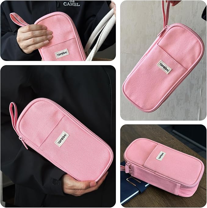 Large Pencil Case Pouch for Girls Women Kids Adults, Big Capacity Canvas Pencil Bag, Office College School Multi Compartment Zipper Stationery Pen Bag (Pink)