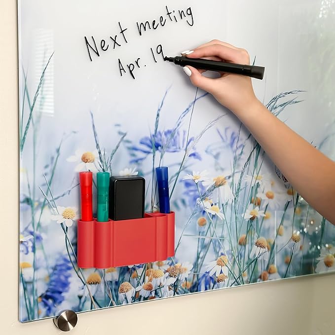 Glassboard Studio Magnetic Dry Erase Marker Holder - Super Strong for Magnetic Glass Whiteboard or Fridge - 2 Large Neodymium Magnets - No Slip Grip - Eco-Friendly PLA Plastic (Cherry Red)