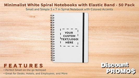 50 White Spiral Notebooks with Elastic Band Pack - Customizable Text, Logo - 80 lined pages, Recycled - Black