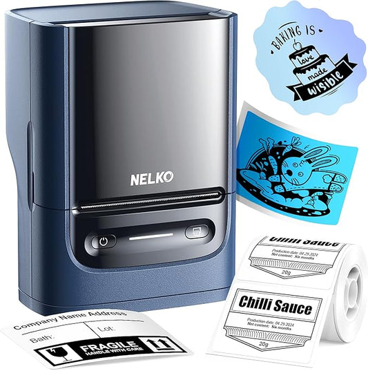 Nelko Label Maker Machine with Tape, PM220 Bluetooth Label Printer, 2 Inch Portable Thermal Printer for Small Business, Address, Logo, Clothing, Sticker Maker for Phones & PC, Blue