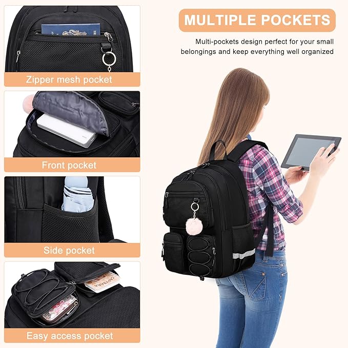 School Backpack for Teen Girls, Cute College Back Pack for Women, Kids Backpack for Girls, Middle Students School BookBag, 15.6 Inch Laptop Bag Travel Back Pack, Black