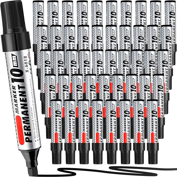 Thenshop 48 Pcs Jumbo Size Permanent Markers Bulk Waterproof Chisel Tip Marker Pens for Industrial Use Work on Wood Metal Plastic Stone Glass(Black)