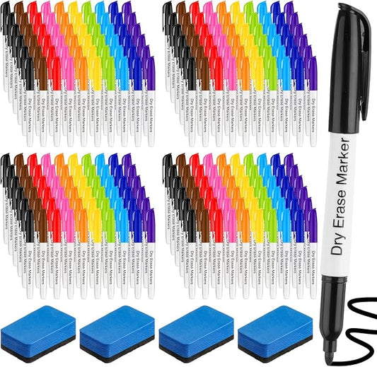 Thenshop 200 Pack Dry Erase Markers Bulk with 4 Magnetic Erasers Fine Tip Dry Erase Markers Whiteboard Pens Bulk for Office School Supplies(Cute Color)