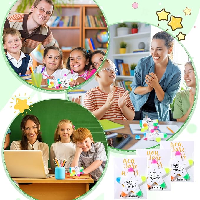 24 Sets Back to School Gifts for Students Star Highlighters with You're a Star Cards Gift Bags 5 in 1 Fluorescent Pens Affirmation Gifts for First Day of School Party Favor (Awesome)
