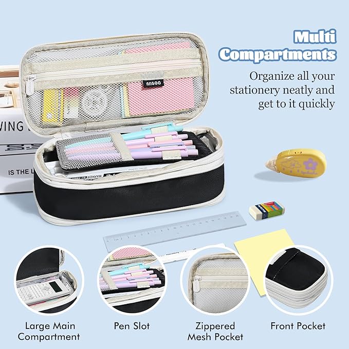 MoKo Large Capacity Pencil Case, Aesthetic Pencil Pouch Bag with Zipper, Cute Pen Case Stationery Organizer Holder for Office/School Supplies, Back to School Gift, Black