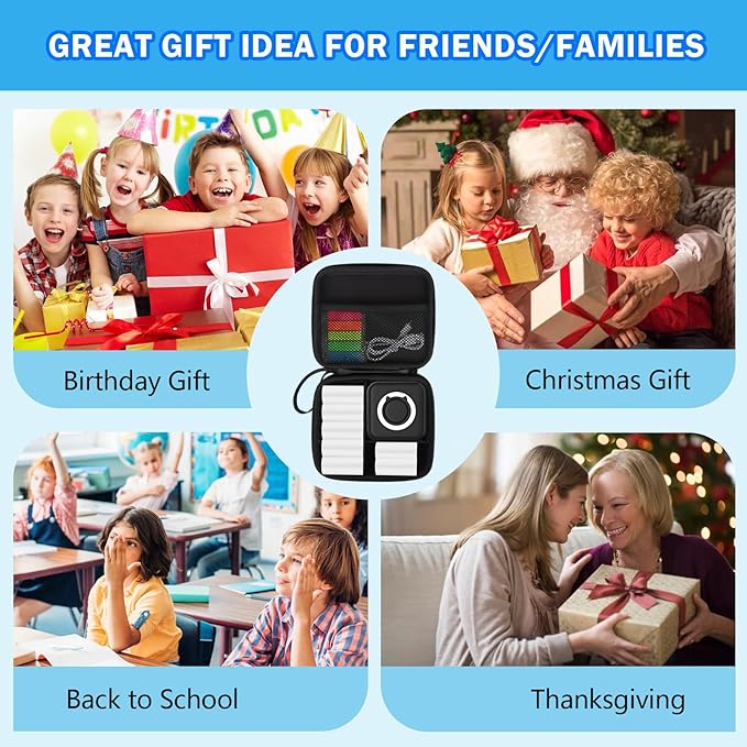 Black Mini Pocket Printer with Black Case, Mini Thermal Printer with 10 Rolls Thermal Paper, Mini Portable Photo Printers for Travelling, Journal, Memo, Photo, Study Notes, Shopping Lists