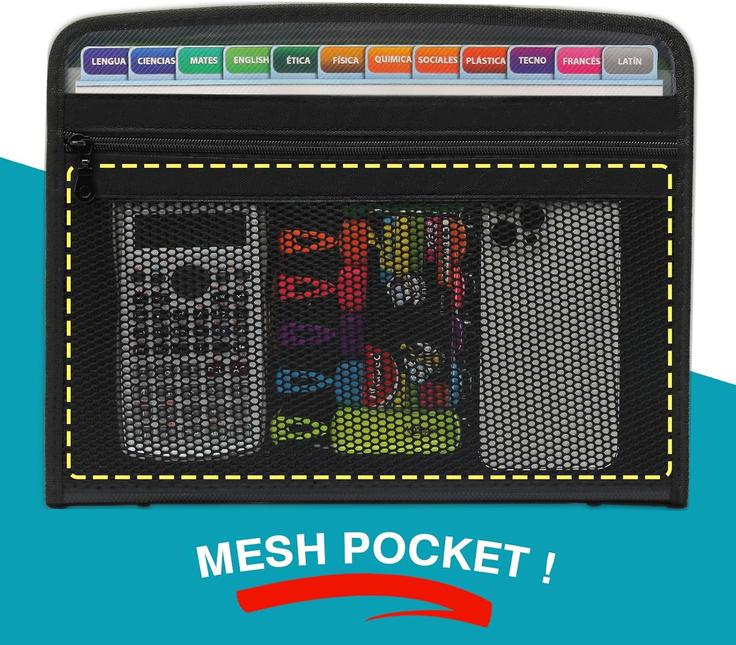 H4D Zippered Accordion File Organizer with Front Mesh Pouch, 13 Pocket Expanding File Folder, Fit for Documents Letter Size A4 Papers, Black