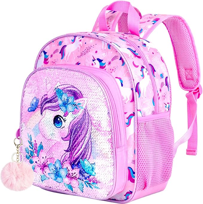 Toddler Backpack for Girls, Cute Unicorn Bookbag for Little Kids, 12” Sequin Kindergarten Preschool Schoolbag