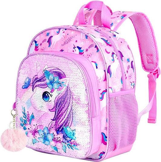 Toddler Backpack for Girls, Cute Unicorn Bookbag for Little Kids, 12” Sequin Kindergarten Preschool Schoolbag