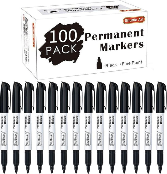 Shuttle Art 100 Pack Black Permanent Markers, Fine Point Permanent Marker Pens Set Perfect on Plastic, Wood, Stone, Metal and Glass for Doodling, Writing, Marking, Office School Supplies