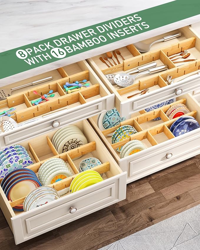 Bamboo Drawer Dividers - Adjustable Drawer Dividers for Clothes, Kitchen, Closet & Office - 8 Pack with Inserts, 18-22.6 Inches, Non-Slip Silicone Ends