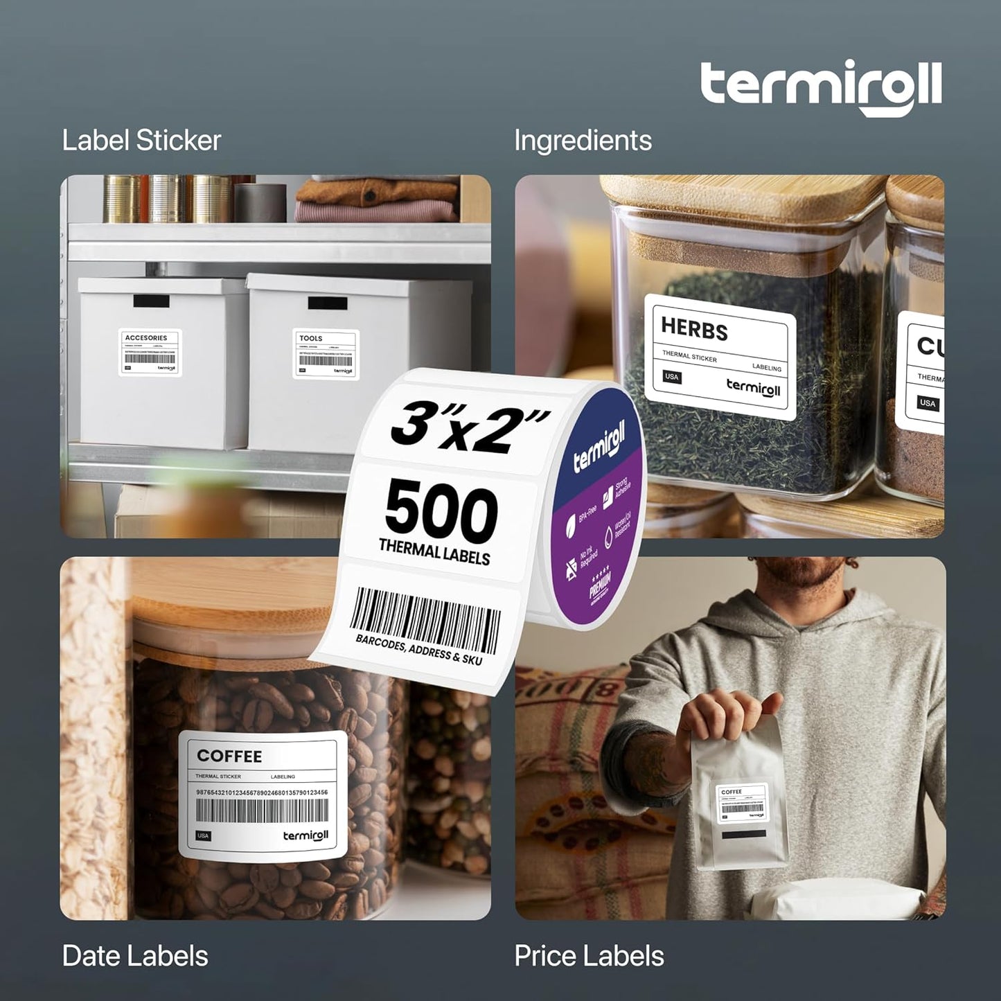 3x2 Thermal Label for Barcodes & Address - Perforated - 500 Labels/Roll - Compatible with Most Direct Thermal Printers Rollo, Zebra - Strong Adhesive, BPA-Free, Commercial Grade (3"x2", 500, Count)