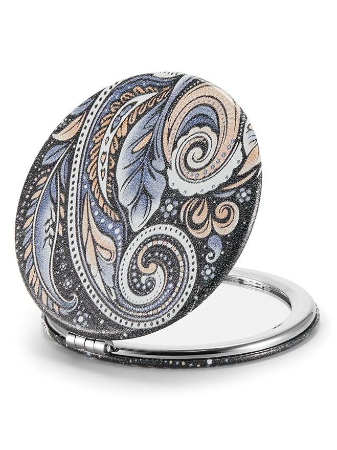 OMIRO 1X/10X Compact Magnifying Mirror, Unique Painting Pocket Mirror with Classical PU Leather (Round, Paisley)