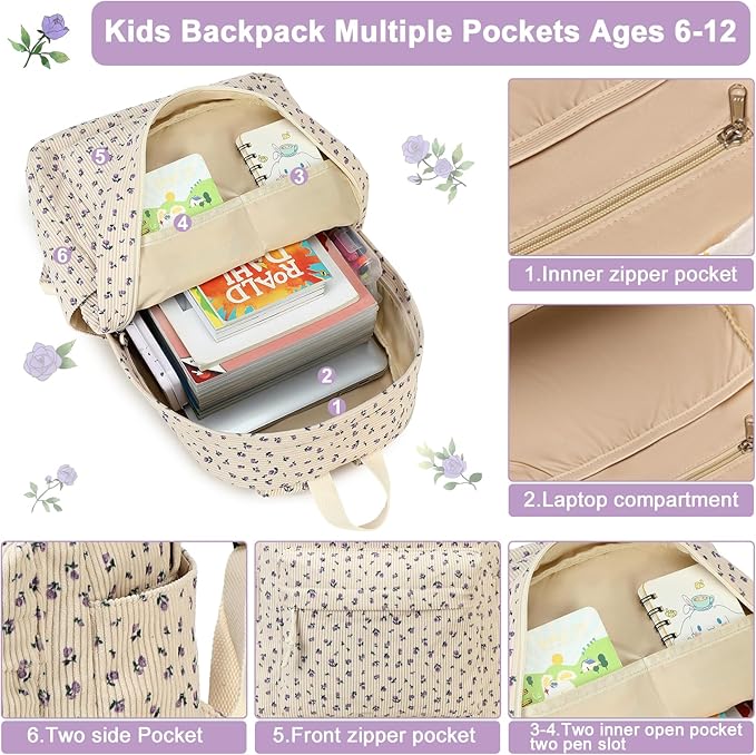 School Backpack for Teens Large Corduroy Bookbag Lightweight Girls Boys Casual High School College 17 inch Laptop Travel Bag (B-Purple flower)