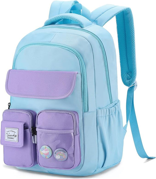 VASCHY Backpack for Girls, Cute School Bag Bookbag for Elementary Middle Schooler Teen Girls/Kids Travel with Clear Pin Pouch Sky Blue
