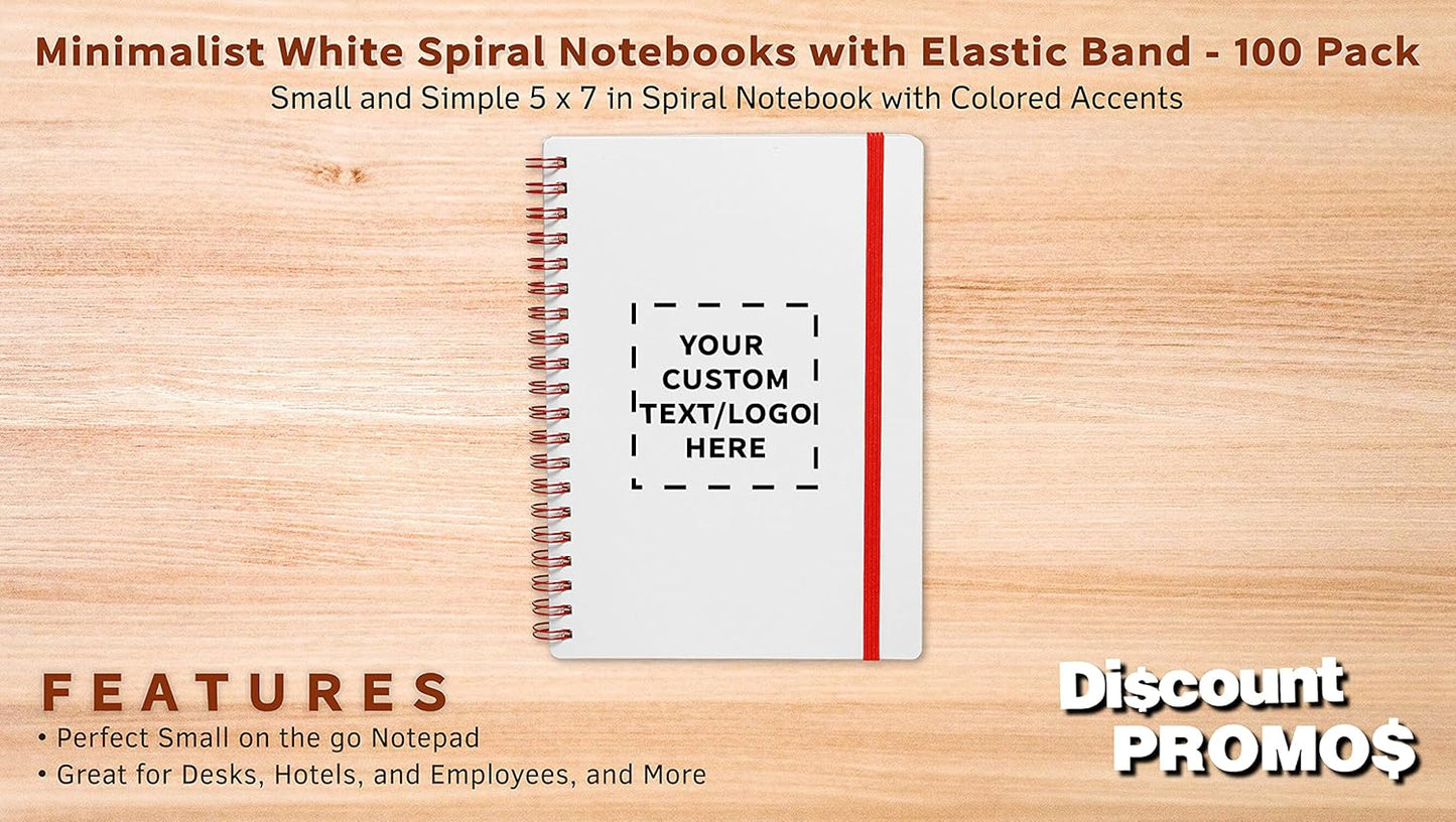100 White Spiral Notebooks with Elastic Band Pack - Customizable Text, Logo - 80 lined pages, Recycled - Red