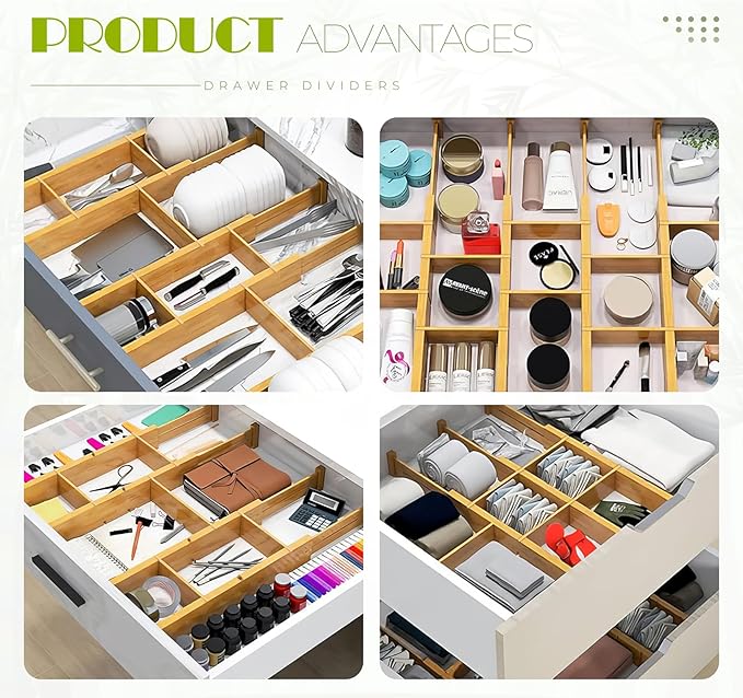 6PCS Bamboo Drawer Dividers with Inserts, Expandable Kitchen Utensil Drawer Organizers,Adjustable drawer organizer for deep drawers Dresser Closet Underwear Storage Bedroom Bathroom Drawers(16.6"-22")