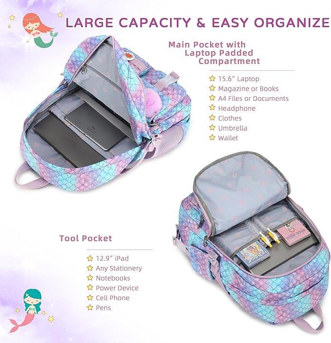 Girls Backpack,15.6 Inch Laptop School Bag Large Primary Elementary Middle College Bookbags Kids Backpacks for Teens Girl Women Students Anti Theft Travel Daypack (Purple)