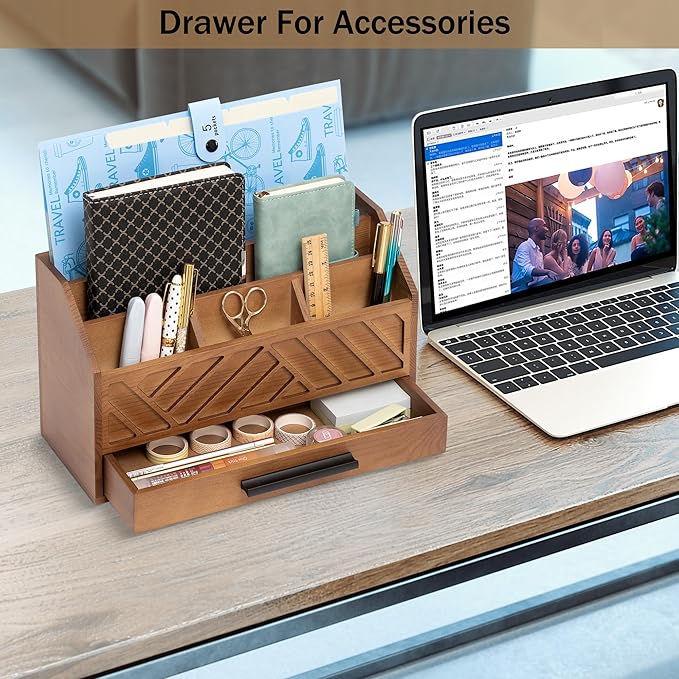 Brown Wood Desk Organizer and Accessories with Drawer, Bill Mail Organizer and File Mail Holder for Office Supplies, Modern Desk Accessories & Workspace Organizers for Desk Organization