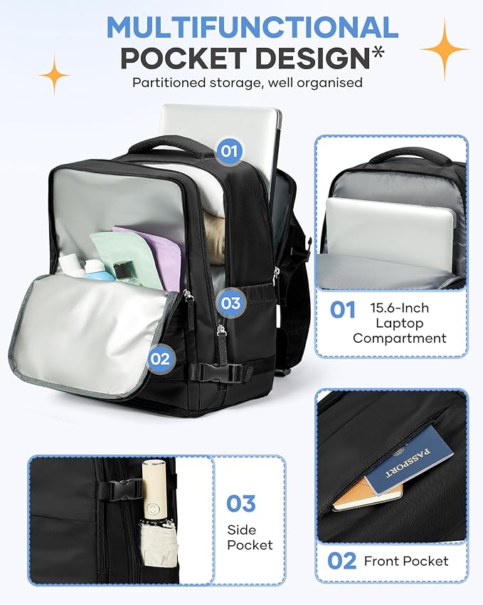 coofay Large Black Travel Backpack Carry on Flight Approved Mochila De Viaje Personal Item Backpack for Airlines Frontier Airlines Personal Item Bag Large Backpacks for Travel Backpacks for Men Women