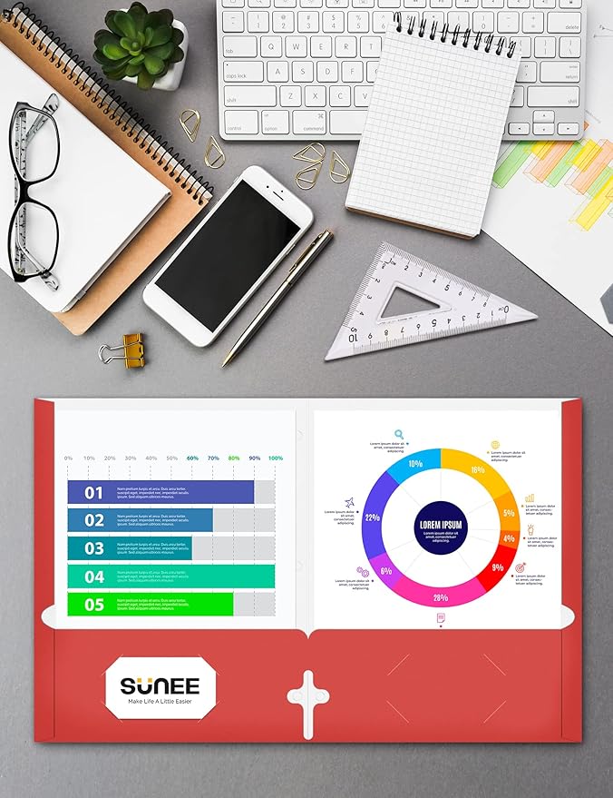 SUNEE Folders with Pockets 3 Hole Punched(50 Pack, Red), 2 Pocket Folders Fit Letter Size Paper, Paper File Folder for School Office Home Business