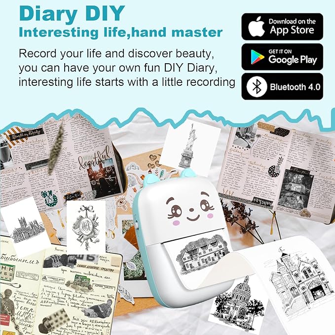 Mini Sticker Printer, Inkless Sticker printer with 5 Rolls Pape, Bluetooth Smart Pocket Printer Compatible with iOS & Android, Portable Thermal Printer for PicturesRetro-Style PhotosReceiptsNotes
