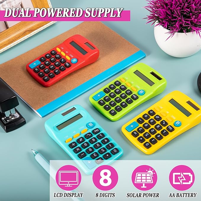 18 Pack Mini Pocket Calculators, Pocket Size Mini Calculators, 8 Digit Display Basic Calculator,Solar Battery Dual Power Function Calculator for Students Kids Home Office(9 Colors)