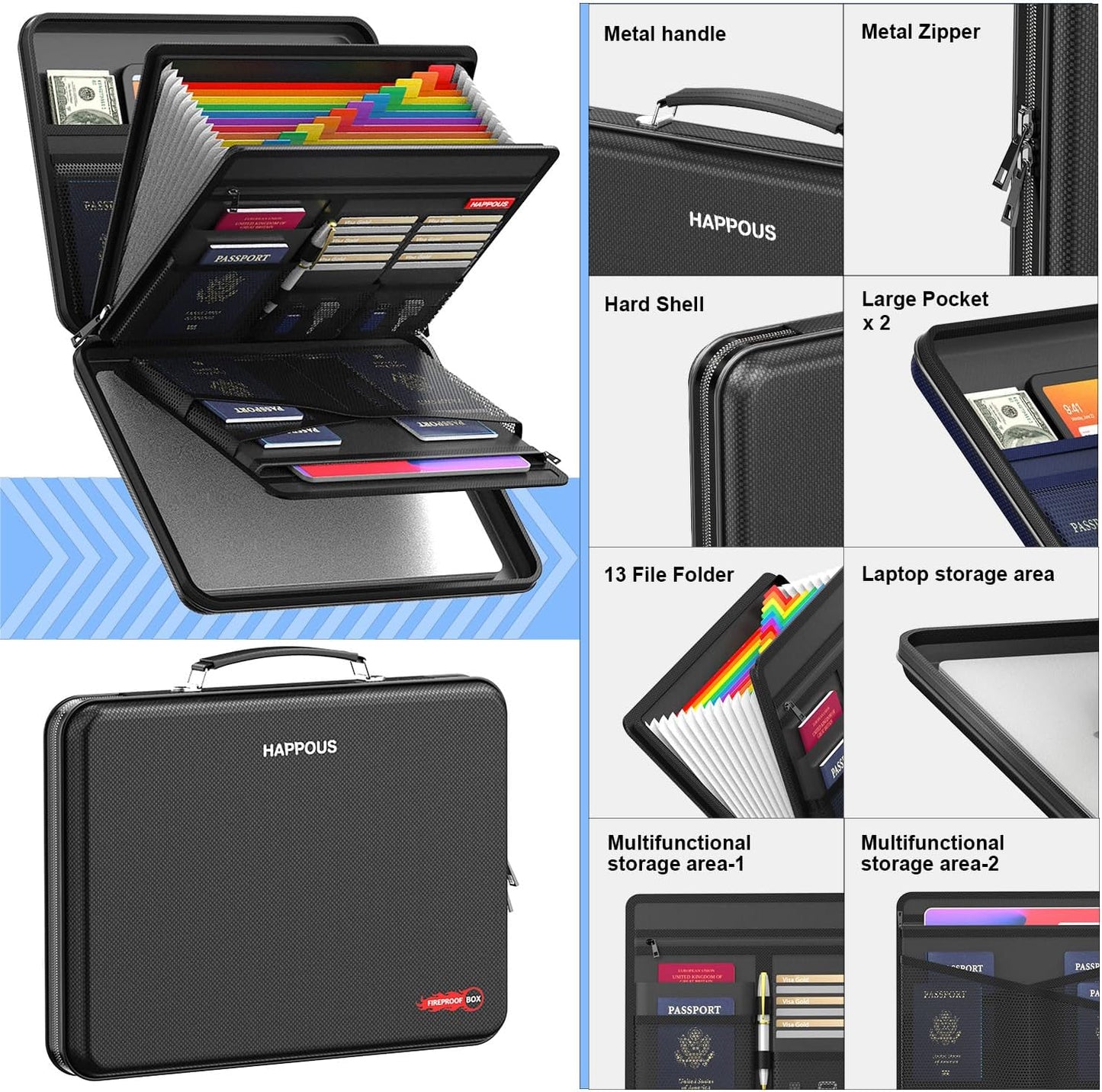 Fireproof Document Organizer, Expanding File Organizer with 13 Pockets, Portable Fireproof Document Box Hard-Shell Document Organizer Storage for Documents Laptop Passports Cards Black