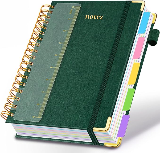 Hardcover Spiral Notebook 8"x10" Journal Notebook with Tabs and Removable Dividers 300 Pages 5 Subject Notebook College Ruled, Faux Leather Spiral Bound Notebook for Women, Students, School Work (Green)